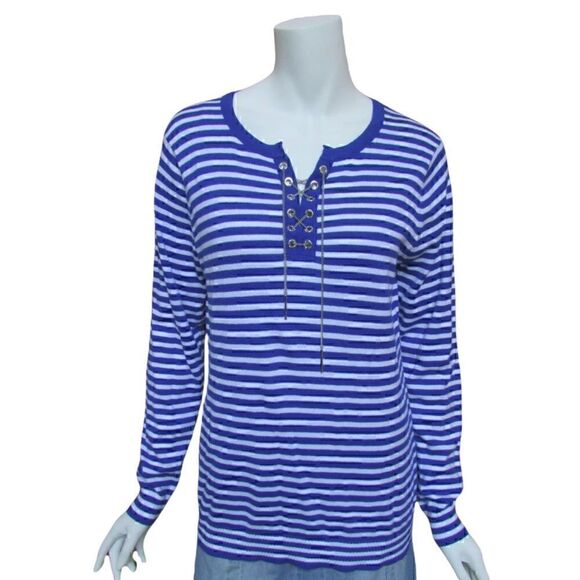 Michael Kors Blue & White Striped Sweater W/ Chain Lace Up - Picture 1 of 4